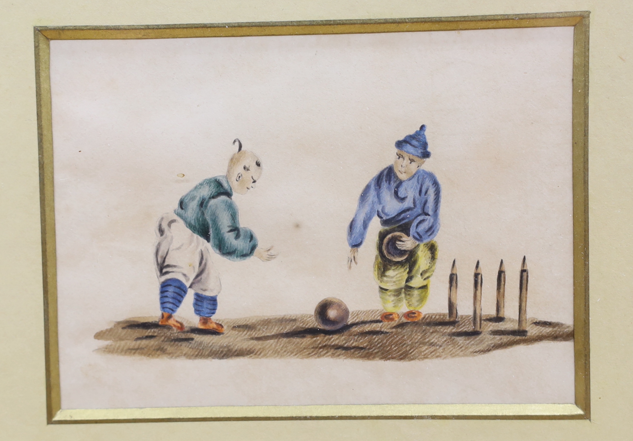 A small Chinese pith paper painting, two figures playing skittles, together with a study of a perched songbird, each 8.5 x 11.5cm